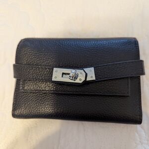 Black Leather Wallet with Silver-Tone Hardware